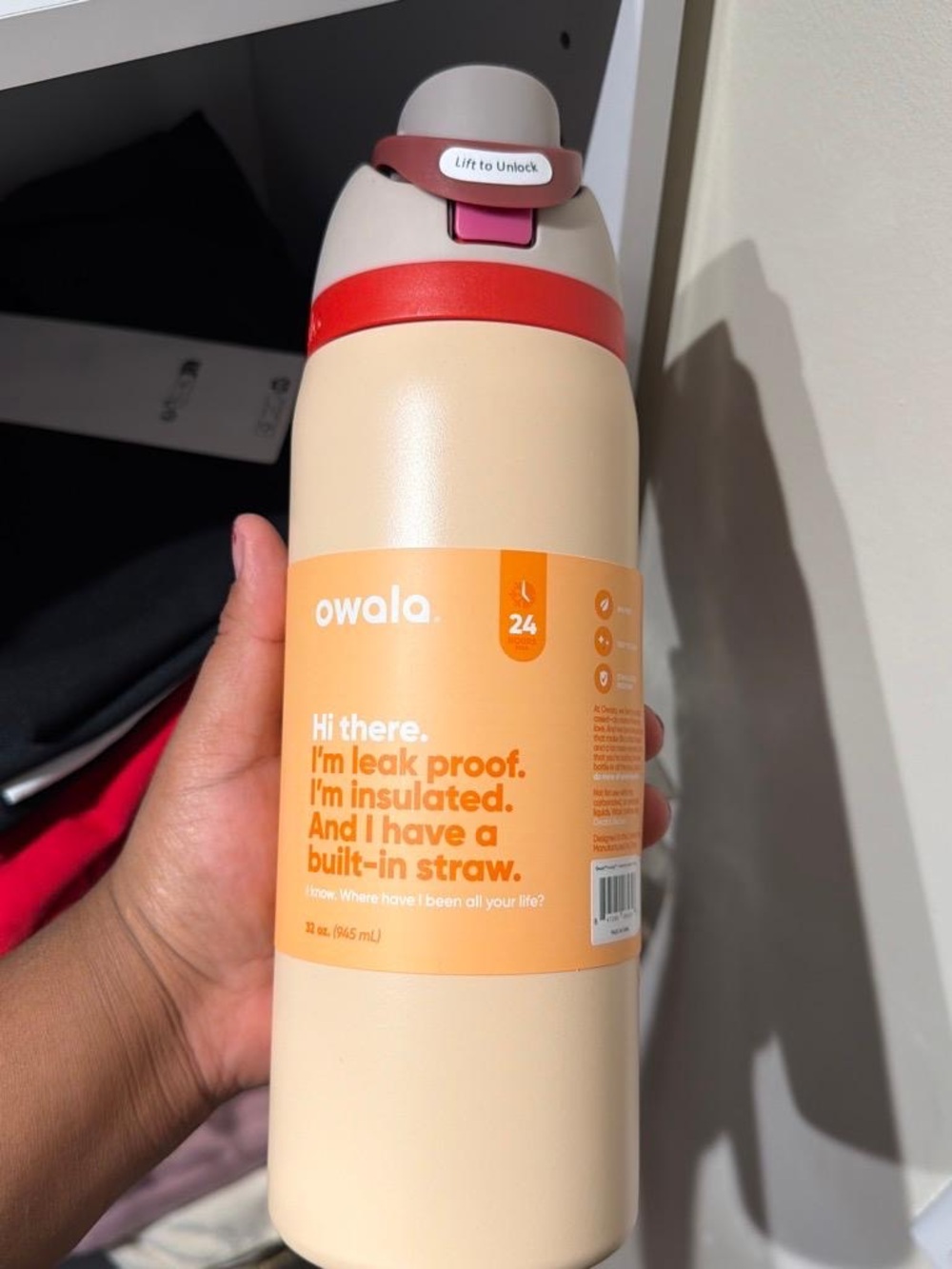 Owala 24oz Insulated Water Bottle with Built-In Straw — Cream with Red Accent